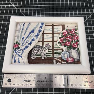 Handmade Cross Stitch Wall Art Tabby Cat 6x8" Shadow Box Vintage Grandma Core